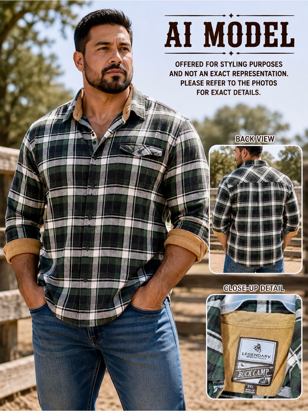 Legendary Whitetails Buck Camp Men’s 2XL Plaid Flannel Shirt, Tan Corduroy Trim